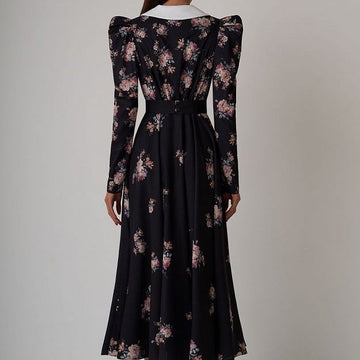 French Doll-Necked Flower-Print Court Feast Dress